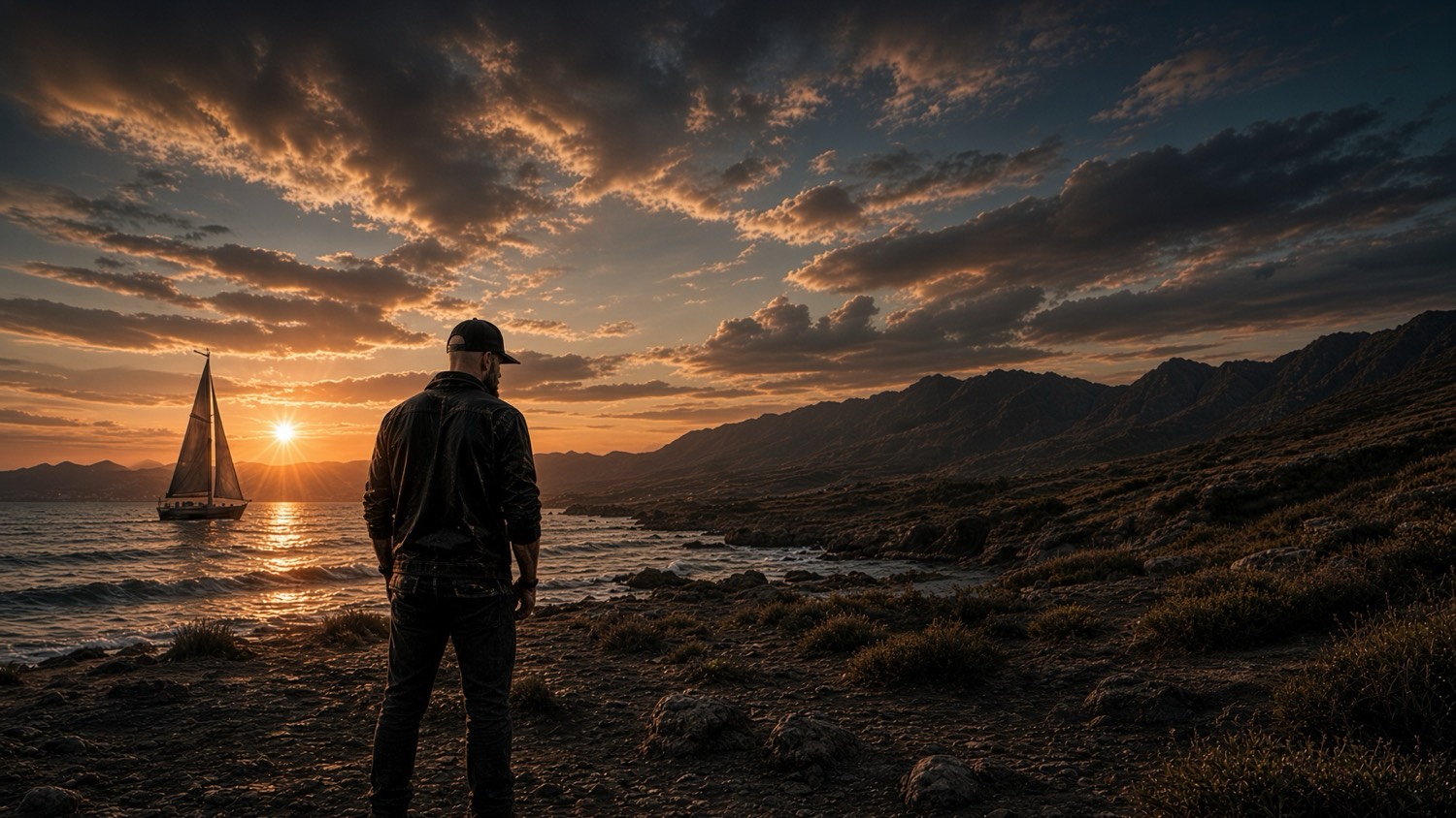 Wide coastal sunset: a figure on the rocky shore, a sailboat on the water