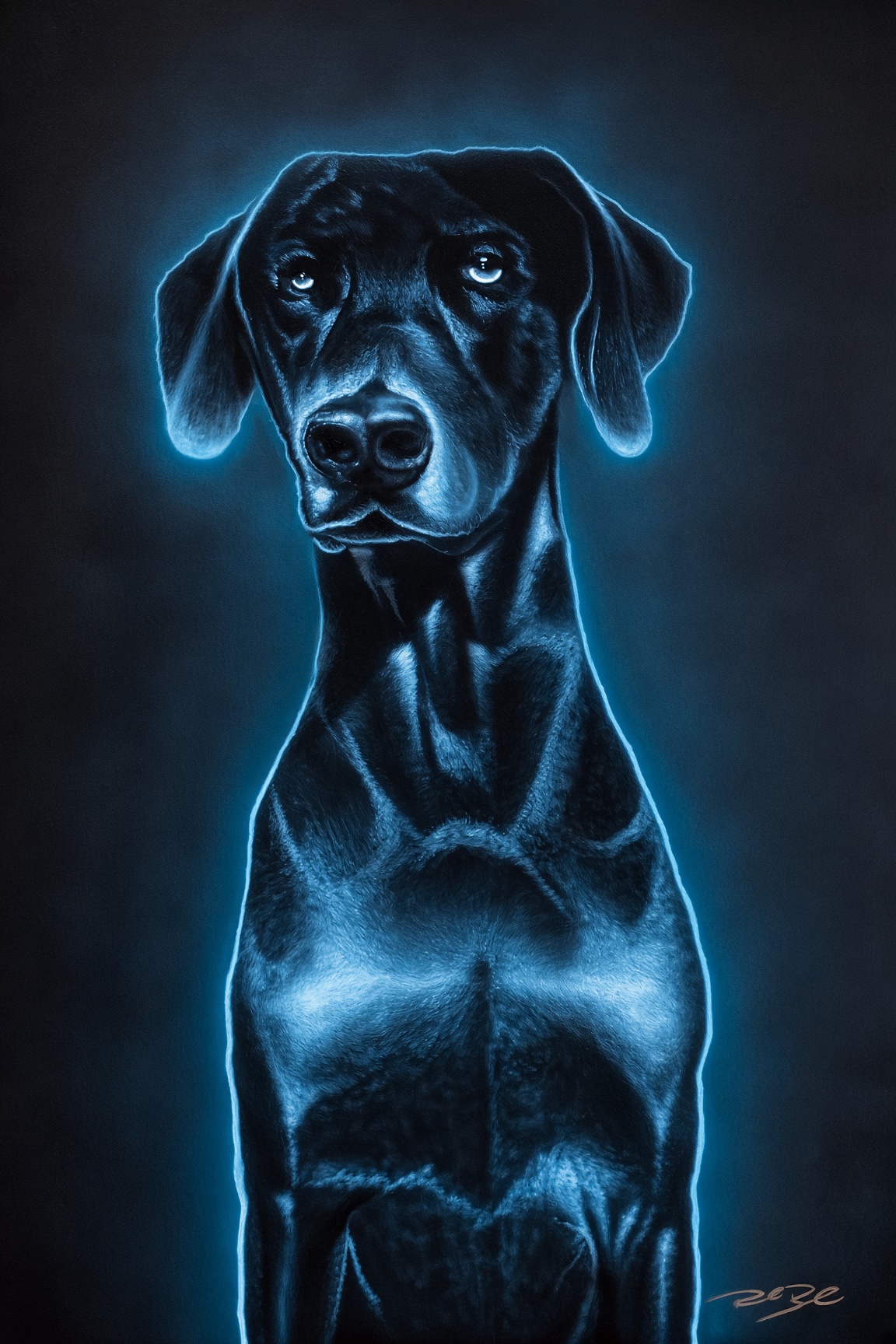 Painted portrait of a dog with a cool blue glow