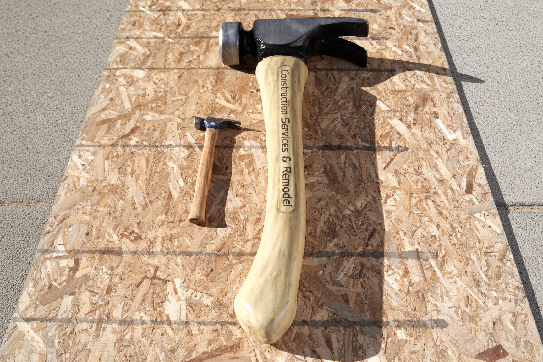 Oversized sculpted hammer beside a real hammer