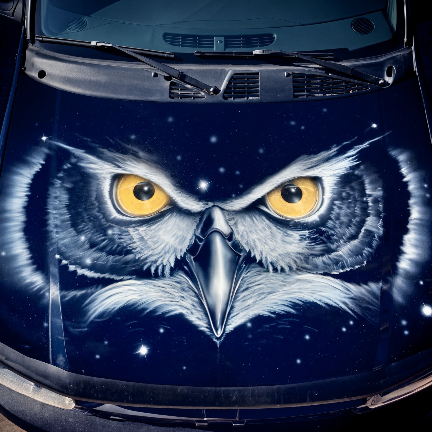 Car hood painted with a close-up owl face
