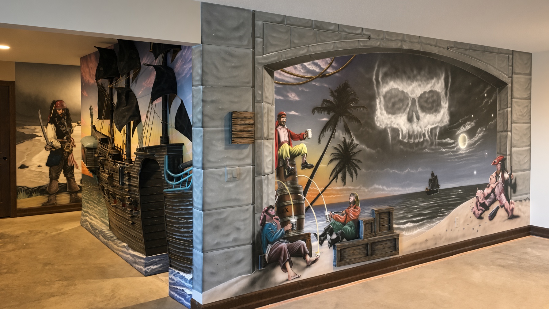 Pirate-themed basement murals with a dimensional ship and stone-arch scene