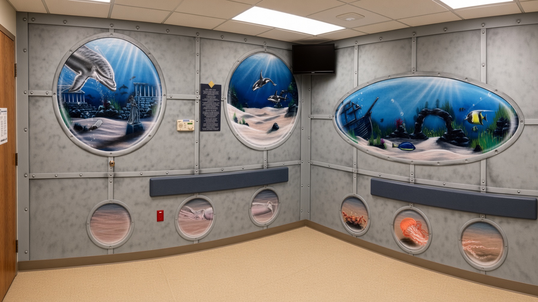 Submarine-themed mural room with ocean portholes