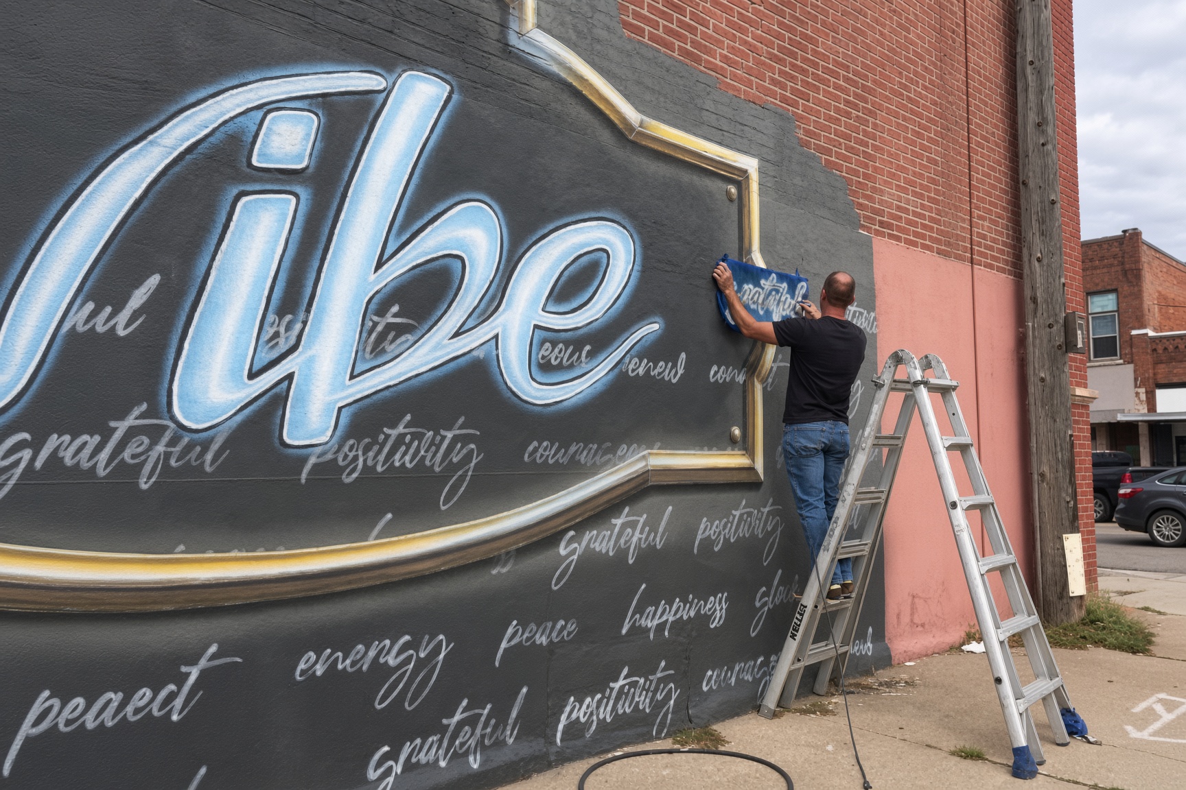 Large brick mural with glowing script lettering